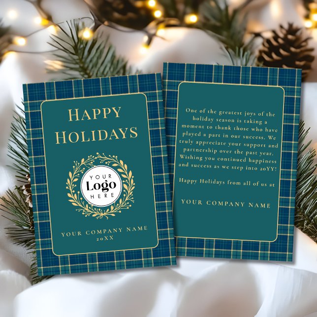 Cartes Pour Fêtes Annuelles Green Plaid Business Logo Holiday Thank You Card (Créateur téléchargé)