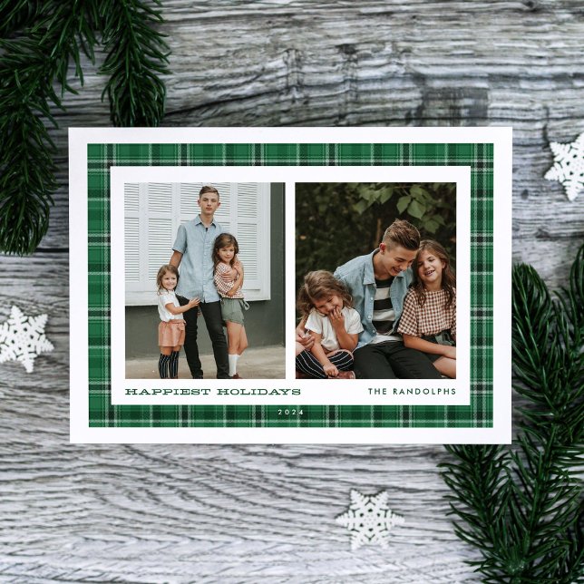 Cartes Pour Fêtes Annuelles Green Plaid Joyeuses Vacances Double Photo (Créateur téléchargé)