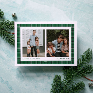 Cartes Pour Fêtes Annuelles Green Plaid Love and Joy Double Photo