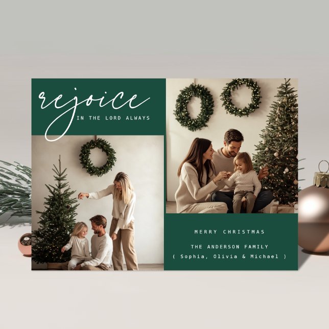 Cartes Pour Fêtes Annuelles Green Religieux Noël Rejoice Famille Photo (Créateur téléchargé)