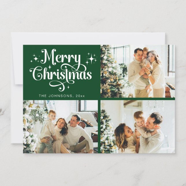 Cartes Pour Fêtes Annuelles Green Retro Joyeux Noël Famille Photo Collage (Devant)