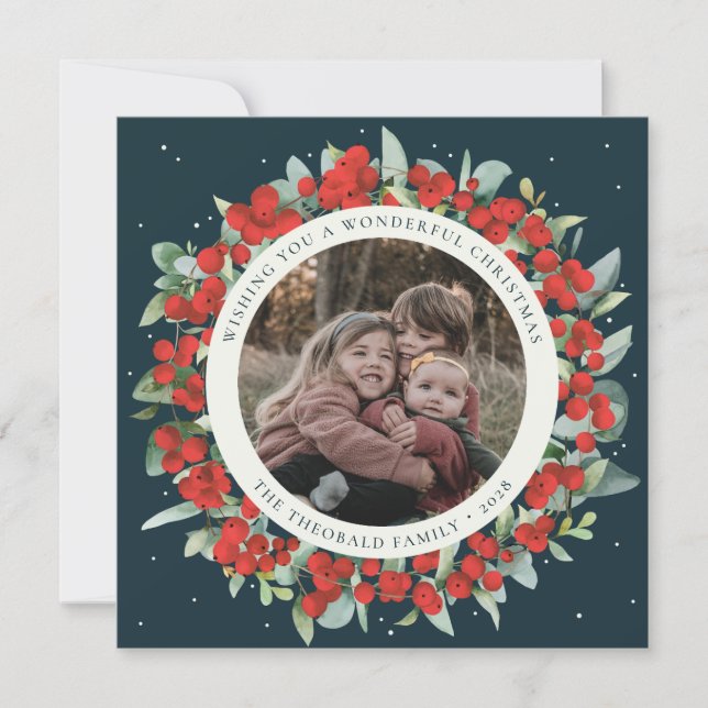 Cartes Pour Fêtes Annuelles Green Round/Square Red Berries+Eucalyptus Photo (Devant)
