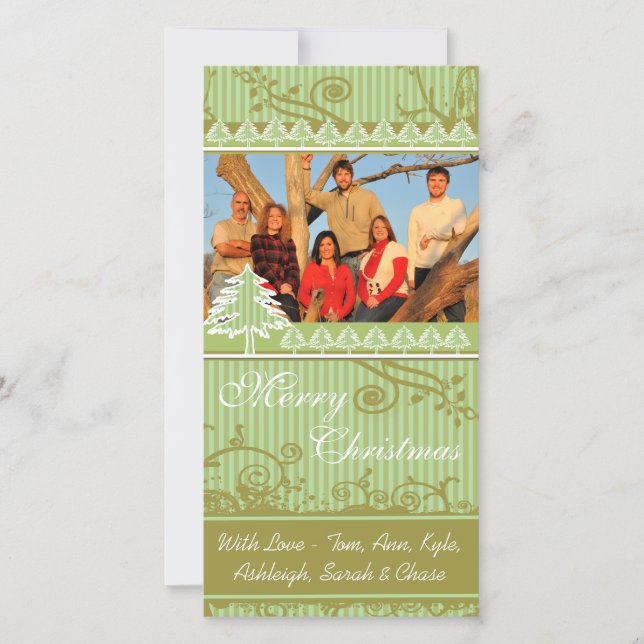 Cartes Pour Fêtes Annuelles Green Stripes Pine Swirl Vacances Photos de famill (Devant)