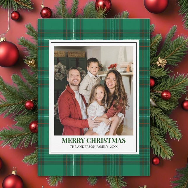 Cartes Pour Fêtes Annuelles Green Tartan Plaid with Christmas Family Photo (Créateur téléchargé)