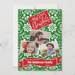 Cartes Pour Fêtes Annuelles Green White Folk Floral Motif de vacances