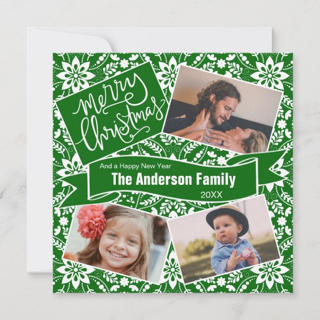 Cartes Pour Fêtes Annuelles Green White Folk Floral Motif de vacances (Devant)