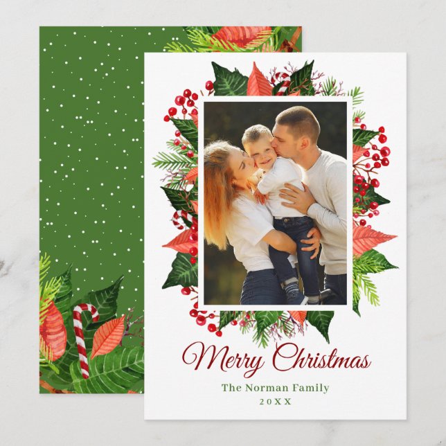 Cartes Pour Fêtes Annuelles Greenery Holly Berries Joyeux Noël Photo (Devant / Derrière)