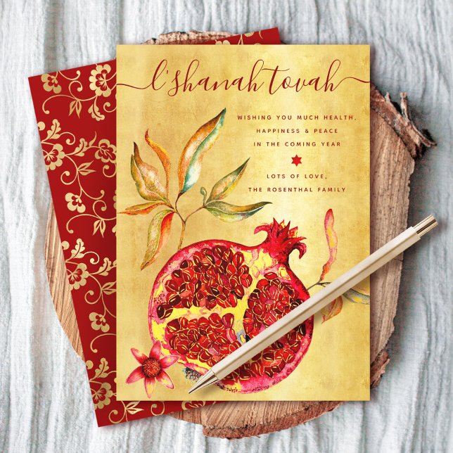 Cartes Pour Fêtes Annuelles Grenade aquarelle rouge sur fond or pour Roch Hach (Créateur téléchargé)