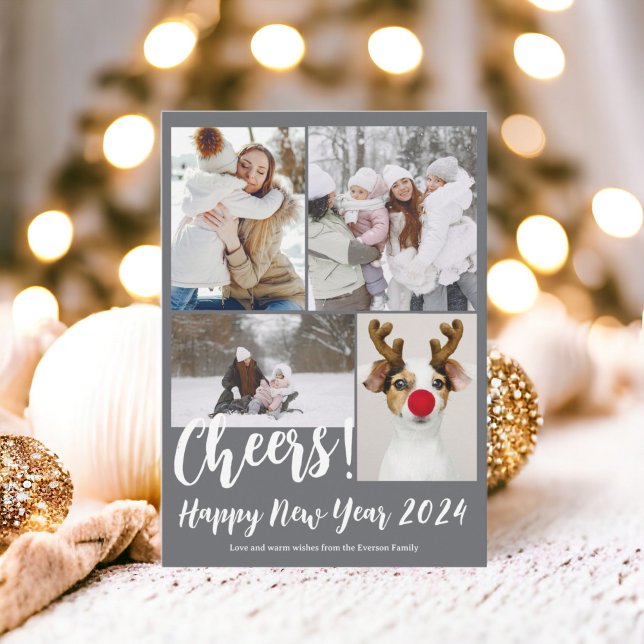 Cartes Pour Fêtes Annuelles Grey 5 photos applaudissent Bonne année 2024 (Gray 5 photos cheers Happy new year 2024 Holiday Card)