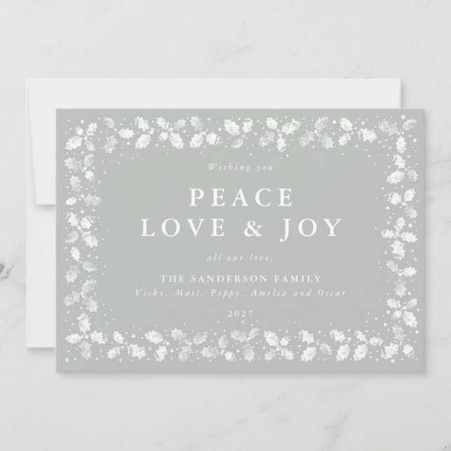 Cartes Pour Fêtes Annuelles Grey Green Holly Peace Love + Joy (Devant)