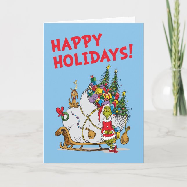 Cartes Pour Fêtes Annuelles Grinch Classique | Grinch & Max avec traîneau (Devant)
