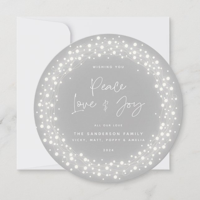 Cartes Pour Fêtes Annuelles Gris Script Police Paix Amour+Joie Feux Étincelant (Devant)