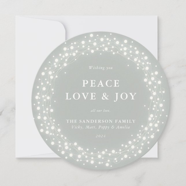 Cartes Pour Fêtes Annuelles Gris-Vert Rond Éclairage Paix Amour + Joie (Devant)