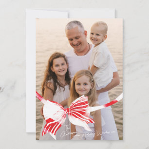 Cartes Pour Fêtes Annuelles Grosse Photo Blanc & Rouge Plaid Lié Avec Bow