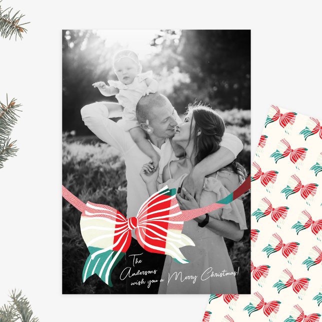 Cartes Pour Fêtes Annuelles Grosse Photo Vert & Rouge Plaid Lié Avec Bow (Créateur téléchargé)