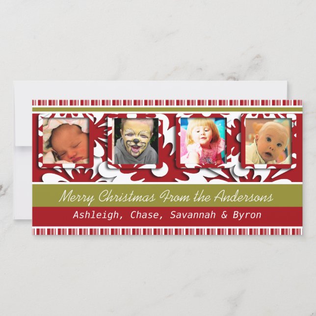 Cartes Pour Fêtes Annuelles Grosses fleurs rouges Tiny Stripes Photo de Noël (Devant)