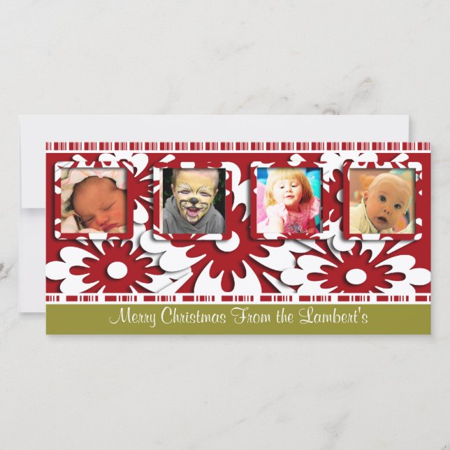 Cartes Pour Fêtes Annuelles Grosses fleurs rouges Tiny Stripes Photo de Noël (Devant)
