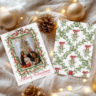Cartes Pour Fêtes Annuelles Guirlande de gui à ruban rouge aquarelle Photo