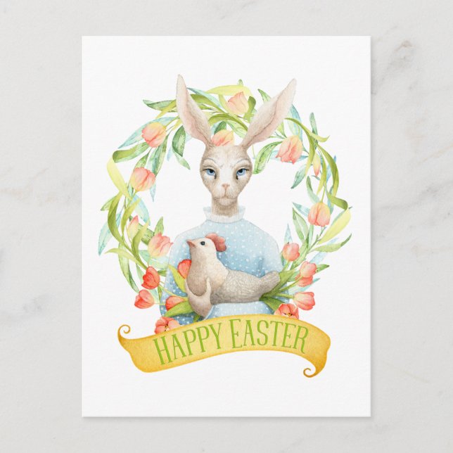 Cartes Pour Fêtes Annuelles Guirlande et lapin Joyeuses Pâques de tulipe (Devant)