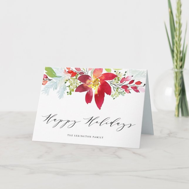 Cartes Pour Fêtes Annuelles Guirlande florale de Noël rouge d'aquarelle (Devant)