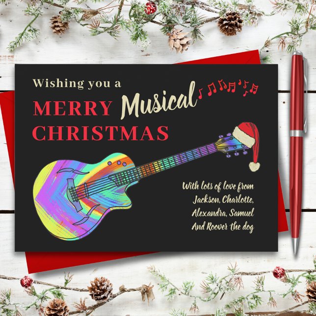 Cartes Pour Fêtes Annuelles Guitare de Noël Rock and Roll (Rock and roll Christmas guitar custom holiday greeting card with colorful funky electric guitar)