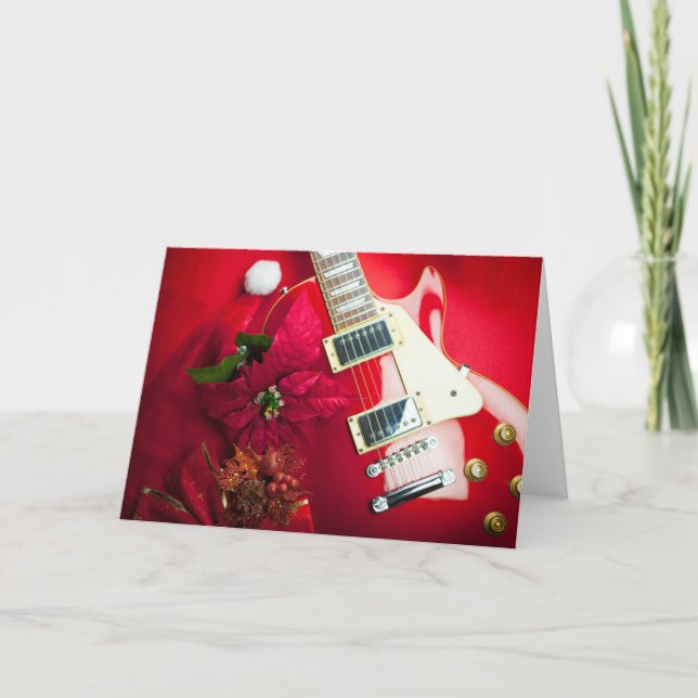Cartes Pour Fêtes Annuelles Guitare Électrique Rouge Avec Ornements De Noël (Devant)