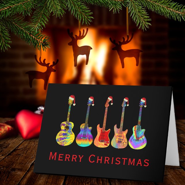 Cartes Pour Fêtes Annuelles Guitare Joyeux Noël Funny Musique psychédélique (Christmas guitars wearing Santa hats merry Christmas holiday greetings folded card guitarist music)
