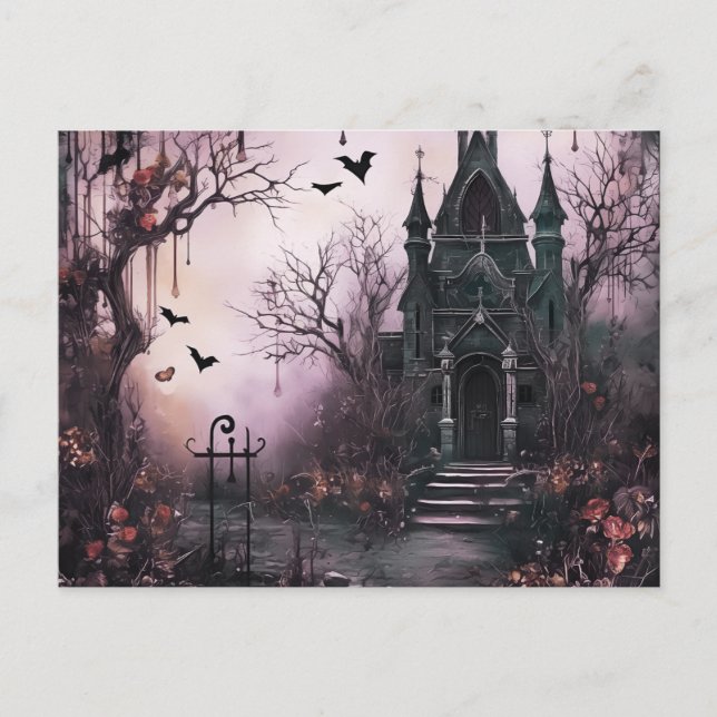 Cartes Pour Fêtes Annuelles Halloween déplaisant Haunted House Trees and Bats  (Devant)