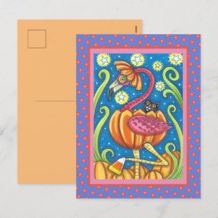 CARTES POUR FÊTES ANNUELLES HALLOWEEN FLAMANT ROSE ROSE & CHAT NOIR EN CITROUI