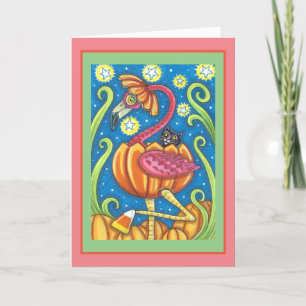 CARTES POUR FÊTES ANNUELLES HALLOWEEN FLAMANT ROSE ROSE & CHAT NOIR EN CITROUI