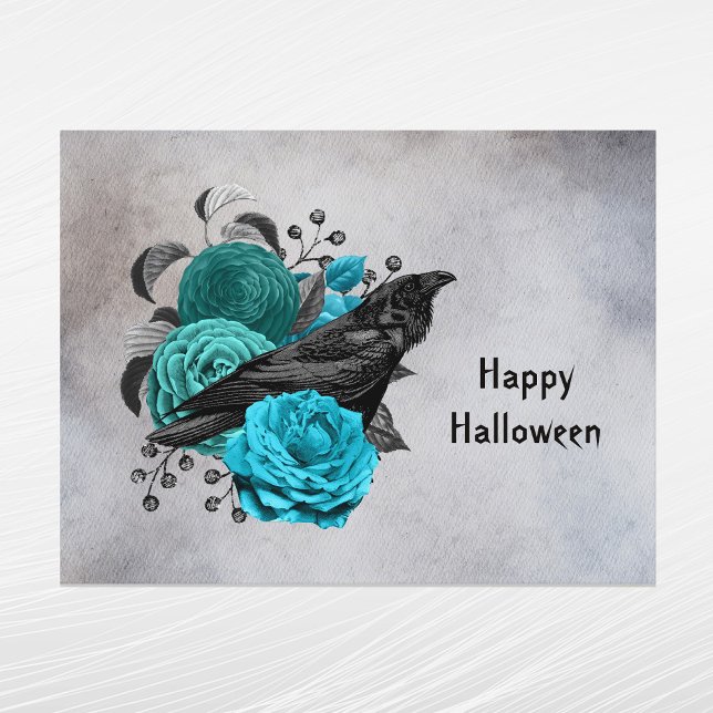 Cartes Pour Fêtes Annuelles Halloween gothique Turquoise Floral Crow (Créateur téléchargé)