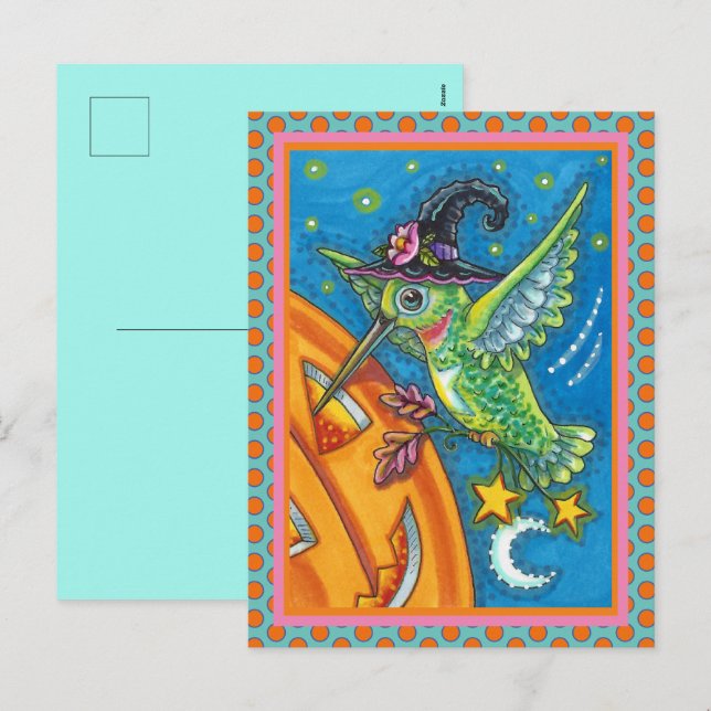 CARTES POUR FÊTES ANNUELLES HALLOWEEN HUMMINGBIRD & JACK-O'-LANTERN WHIMSY (Devant / Derrière)