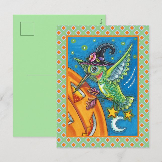 CARTES POUR FÊTES ANNUELLES HALLOWEEN HUMMINGBIRD & JACK-O'-LANTERN WHIMSY (Devant / Derrière)