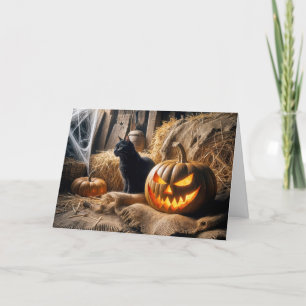 Cartes Pour Fêtes Annuelles Halloween Jack-o-lanterne et chat en grange