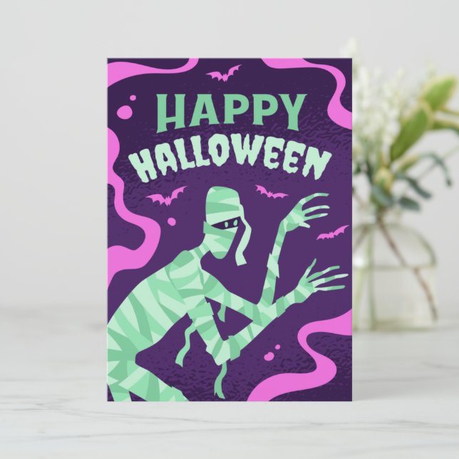CARTES POUR FÊTES ANNUELLES HALLOWEEN MUMMMY CARTOON, HAPPY HALLOWEEN (Debout devant)