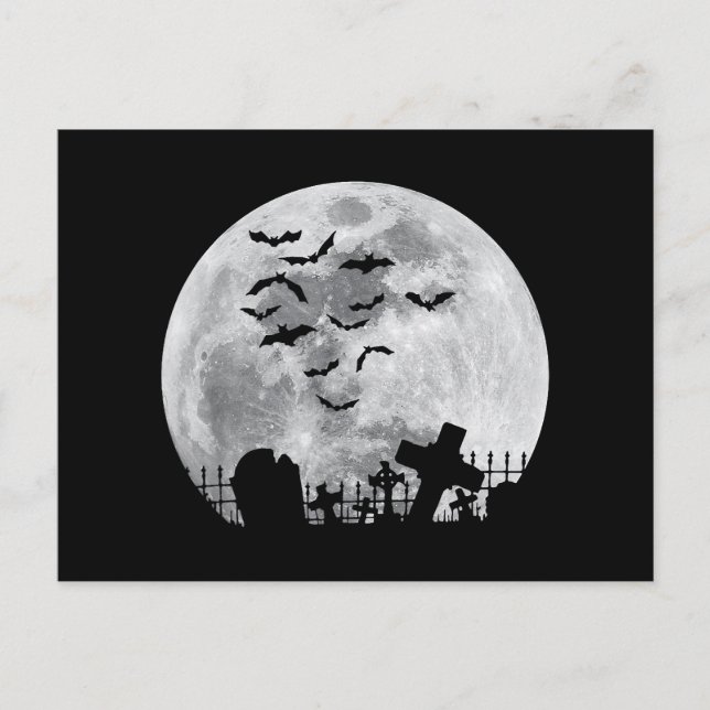 Cartes Pour Fêtes Annuelles Halloween Pleine lune Cimetière Bats Éffrayants (Devant)