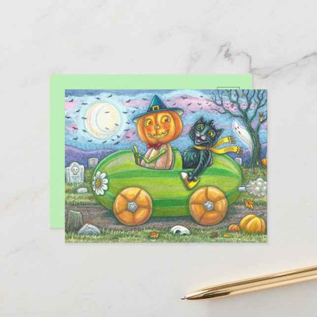 CARTES POUR FÊTES ANNUELLES HALLOWEEN ROAD TRIP, JACK ET CHAT NOIR AMIS (Devant/Arrière en situation)