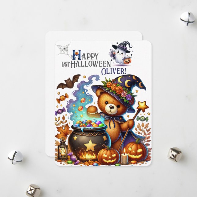 Cartes Pour Fêtes Annuelles Halloween Teddy Bear Assistant Vacances (Devant/Arrière en situation)