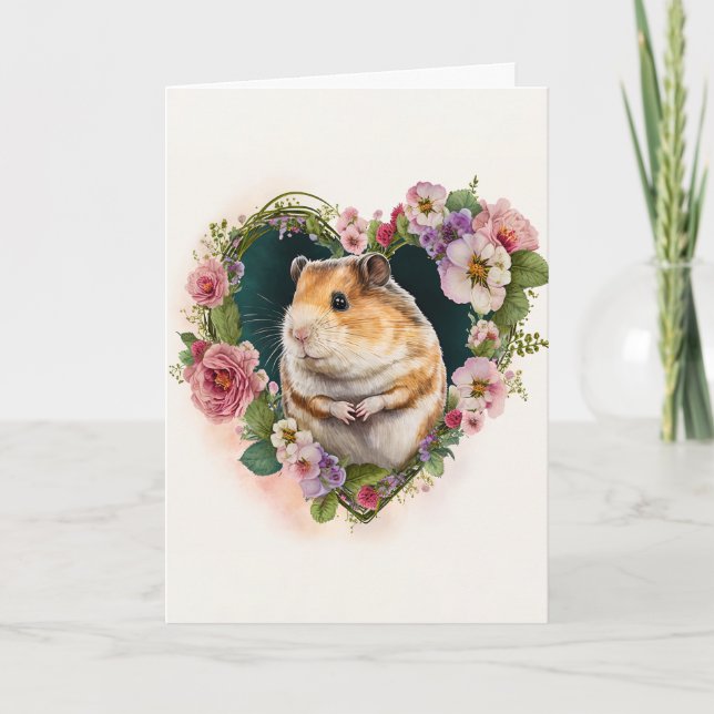 Cartes Pour Fêtes Annuelles Hamster adorable aux fleurs roses Saint-Valentin (Devant)
