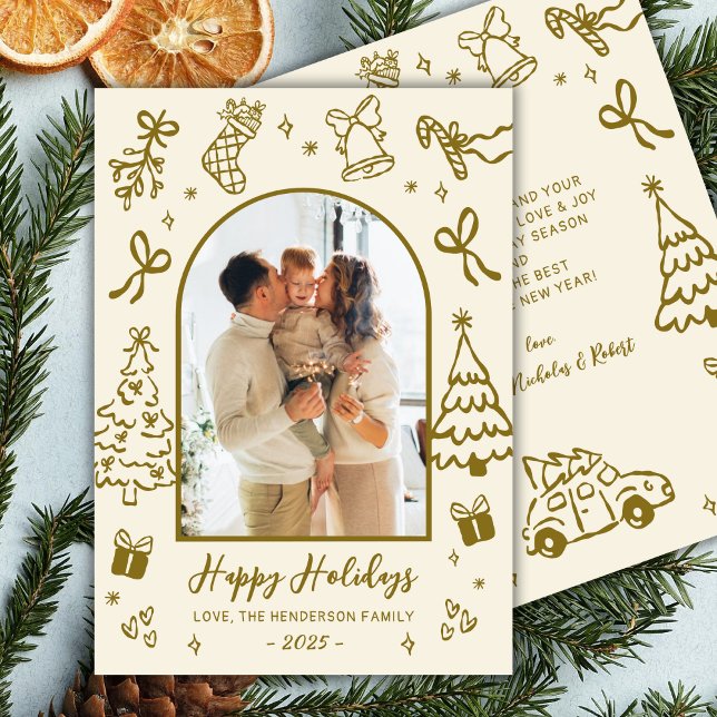 Cartes Pour Fêtes Annuelles Hand-Drawn Arch Photo Gold Beige Christmas Happy (Créateur téléchargé)