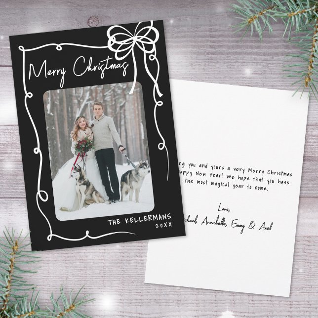 Cartes Pour Fêtes Annuelles Hand Drawn Black Bow Whimsical Christmas (Hand Drawn Black Bow Whimsical Christmas Holiday Card)
