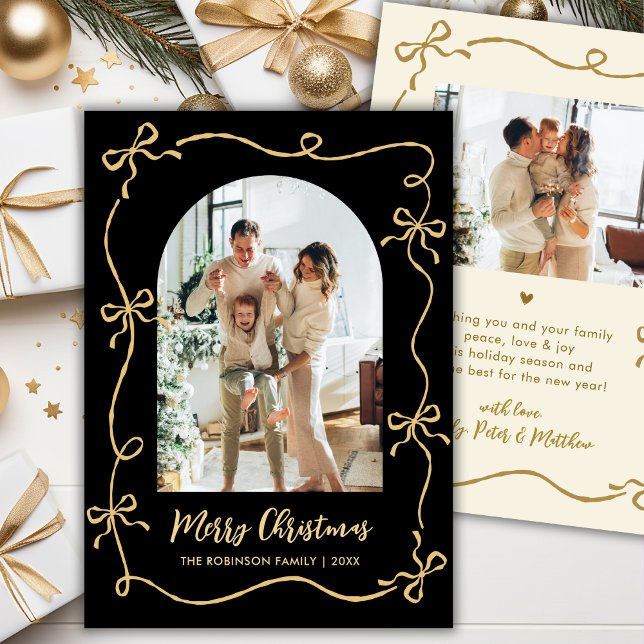 Cartes Pour Fêtes Annuelles Hand Drawn Bows Arch Photo Merry Christmas Black (Créateur téléchargé)