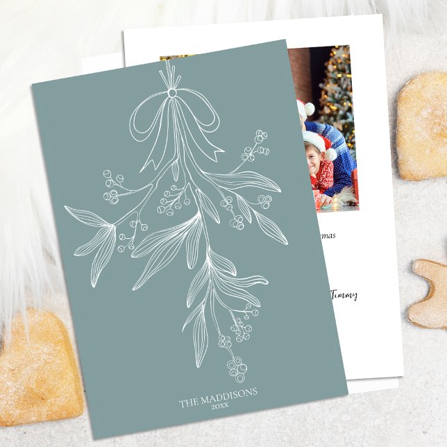 Cartes Pour Fêtes Annuelles Hand Drawn Mistletoe & Bow Christmas Dusty Green (Créateur téléchargé)