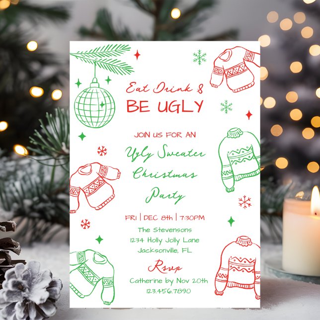 Cartes Pour Fêtes Annuelles Hand Drawn Red Green Ugly Sweater Christmas Party (Créateur téléchargé)
