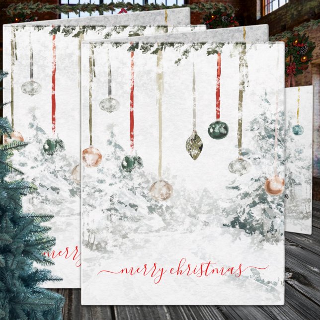 Cartes Pour Fêtes Annuelles Hanging Ornements hiver Scène Joyeux Noël (Hanging Ornaments Snowy Winter Scene Wraparound Graphics Folded Christmas Holiday Card in two sizes)