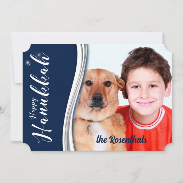 Cartes Pour Fêtes Annuelles Hanoukka bleu et blanc avec photo et nom (Devant)