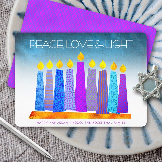 Cartes Pour Fêtes Annuelles Hanoukka Boho bougies Turquoise Peace Love Light (Créateur téléchargé)