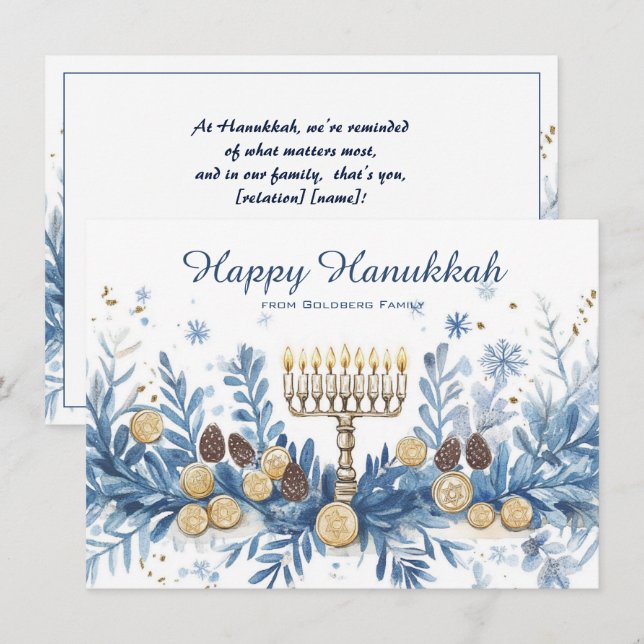 Cartes Pour Fêtes Annuelles Hanoukka de l'aquarelle de texte personnalisé (Devant / Derrière)
