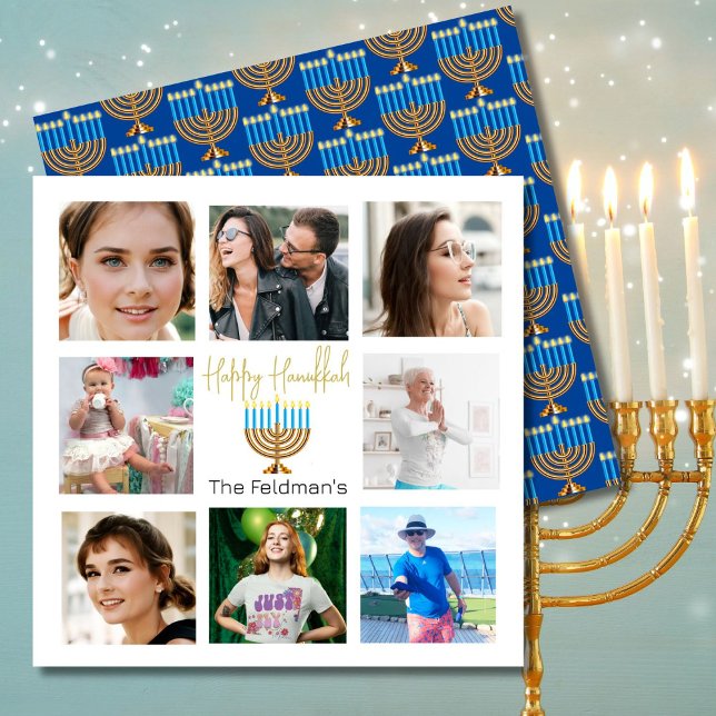 Cartes Pour Fêtes Annuelles Hanoukka Family Photo Collage Gold Blue (Créateur téléchargé)