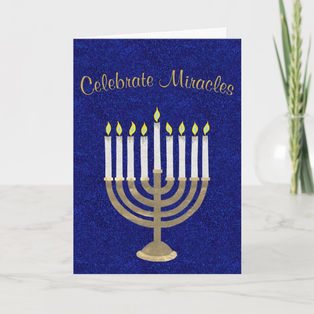 Cartes Pour Fêtes Annuelles Hanoukka Gold Menorah fête les Miracles Élégants (Devant)